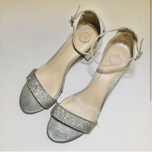 I. Miller Silver Block Heel Emely Buckle Open Toe Size 5 1/2 EUC